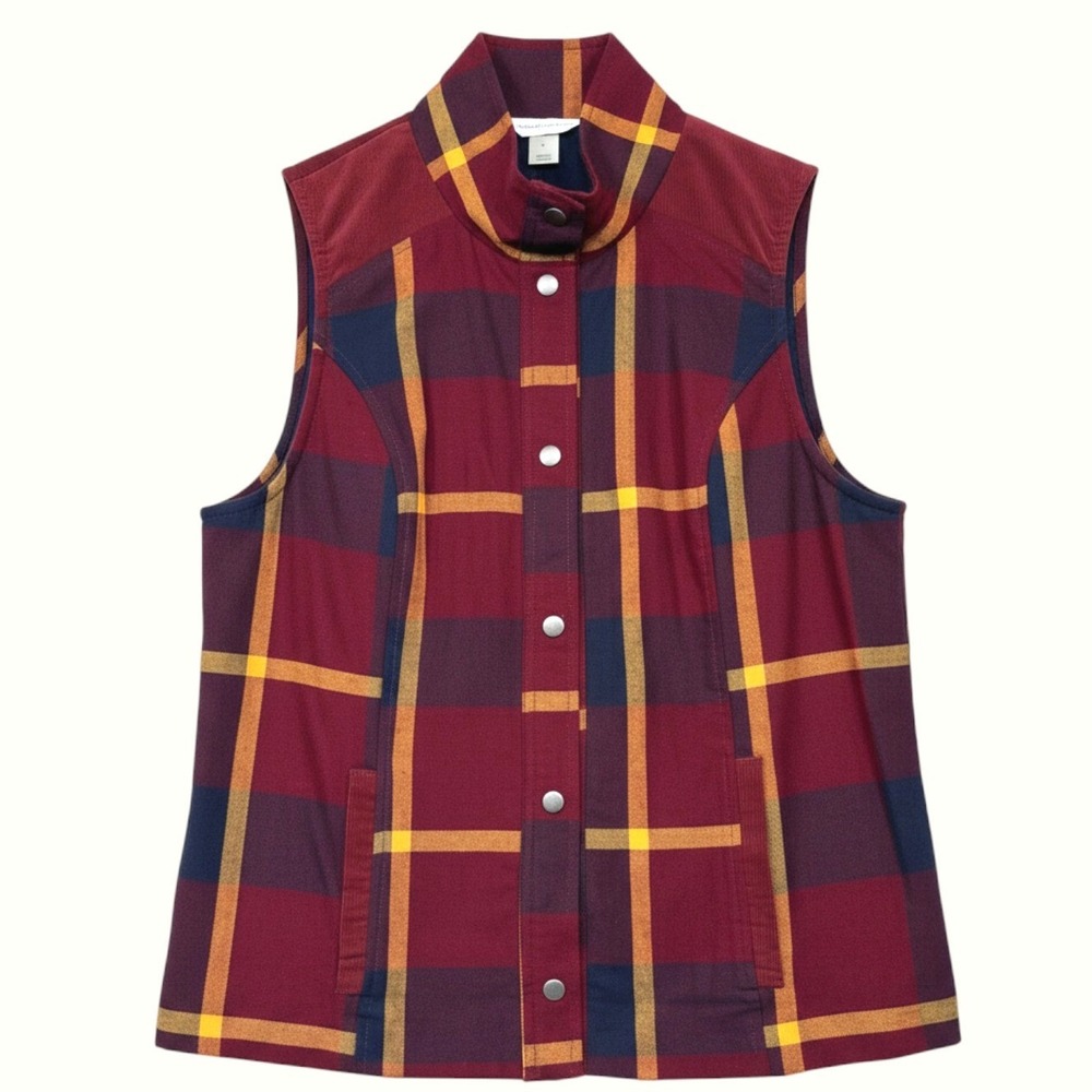 Christopher & Banks Plaid Vest Womens M Burgundy Mustard Button Front NWT